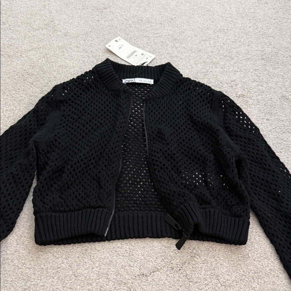 Zara Black Open-Weave Bomber Jacket